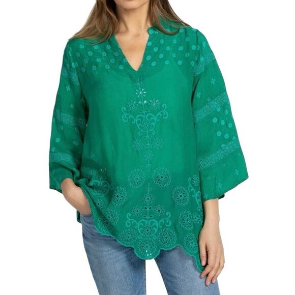 JOHNNY WAS Embroidered Evy Flower Blouse Green Size Small Flare Sleeve Boho Chic - Picture 2 of 7